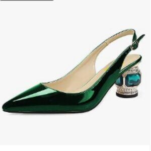 FSJ Green Pointed Toe Slingback Wedding Pumps Chunky Low Heel Rhinestone Sandals